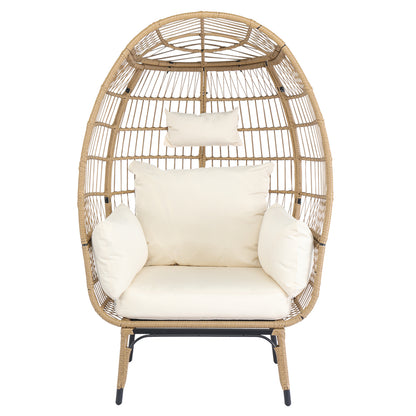 Wicker Egg Chair, Oversized Indoor Outdoor Lounger with Stand and Cushions for Patio Porch Backyard Living Room Balcony, Beige Rattan & Creamy White Cushion 0e7rxg-c0