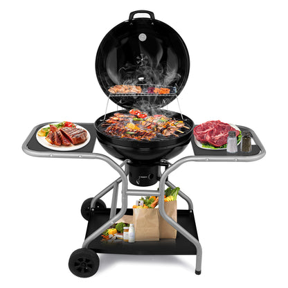 Kettle Charcoal Grill with 2 Side Tables, Storage Shelf, Upgraded Ash Catcher, Thermometer, Air Vents, Outdoor Cooking Barbecue Grill with Wheels 0e7rxg-c0