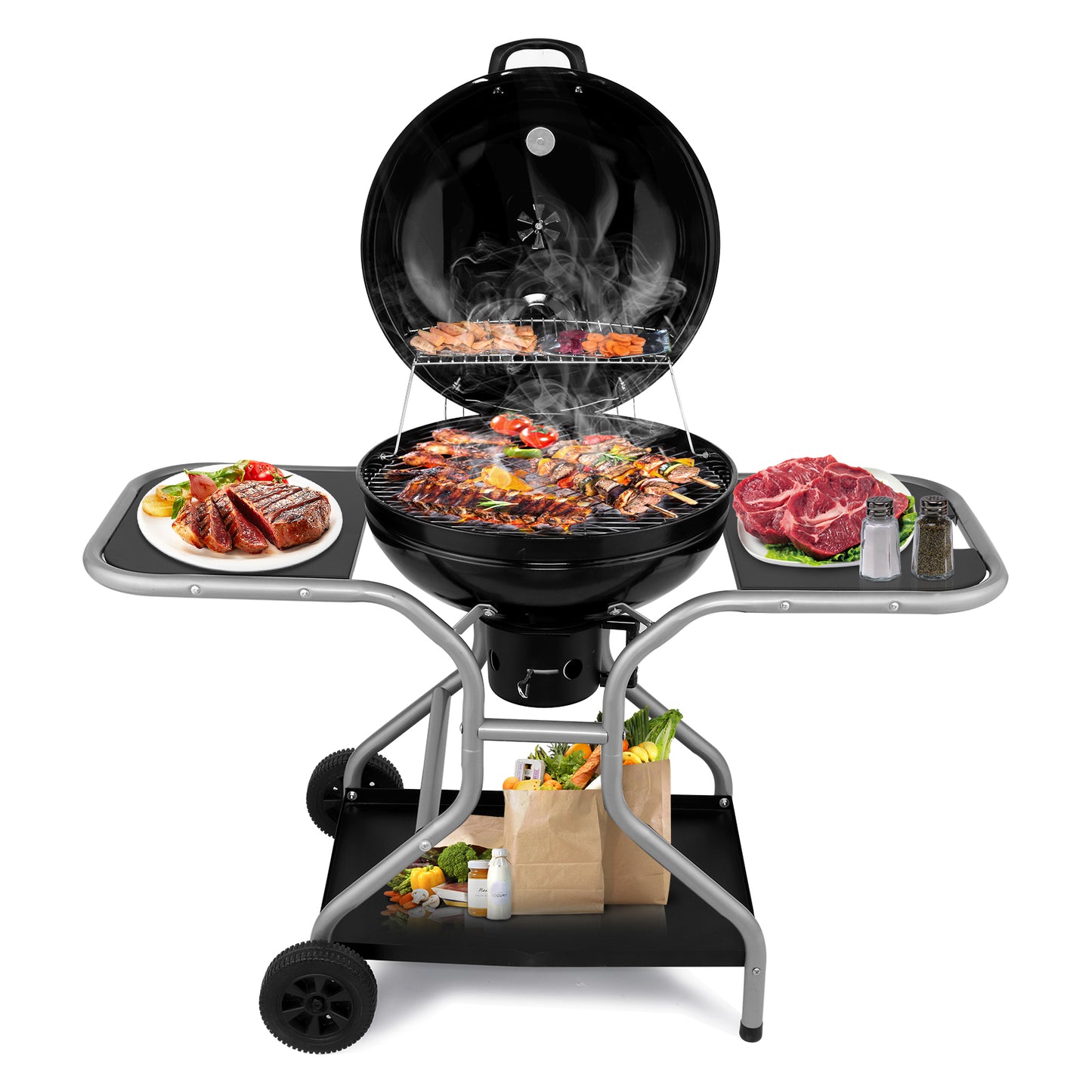 Kettle Charcoal Grill with 2 Side Tables, Storage Shelf, Upgraded Ash Catcher, Thermometer, Air Vents, Outdoor Cooking Barbecue Grill with Wheels 0e7rxg-c0