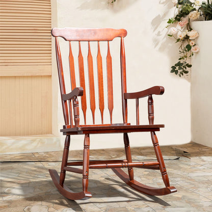 Patio Rocking Chair Solid Wood, Outdoor Porch Rocker Chair with Wooden Frame, Indoor Wooden Rocking Chair for Garden Backyard Balcony, Brown 0e7rxg-c0