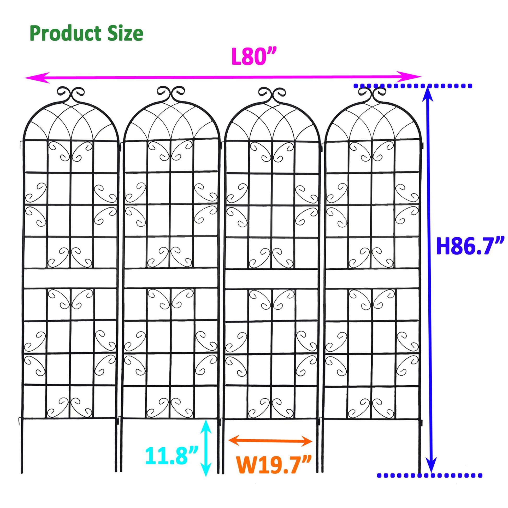 4 Pack Metal Garden Trellis 86.7" x 19.7" Rustproof Trellis for Climbing Plants Outdoor Flower Support Black 0e7rxg-c0