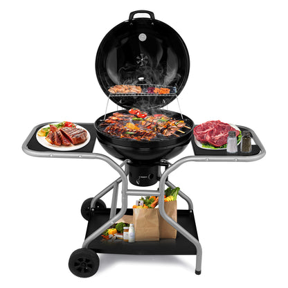 Kettle Charcoal Grill with 2 Side Tables, Storage Shelf, Upgraded Ash Catcher, Thermometer, Air Vents, Outdoor Cooking Barbecue Grill with Wheels 0e7rxg-c0