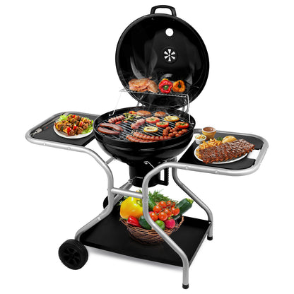 Kettle Charcoal Grill with 2 Side Tables, Storage Shelf, Upgraded Ash Catcher, Thermometer, Air Vents, Outdoor Cooking Barbecue Grill with Wheels 0e7rxg-c0