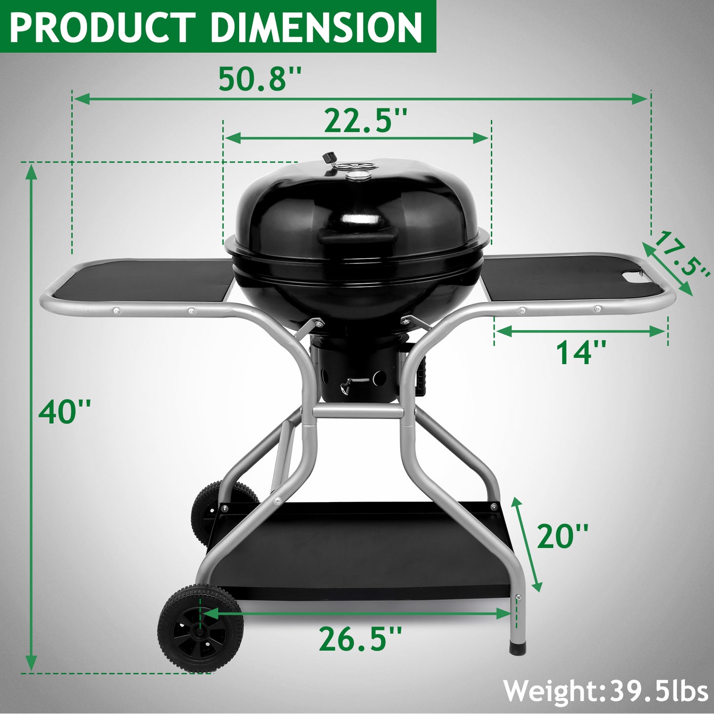 Kettle Charcoal Grill with 2 Side Tables, Storage Shelf, Upgraded Ash Catcher, Thermometer, Air Vents, Outdoor Cooking Barbecue Grill with Wheels 0e7rxg-c0