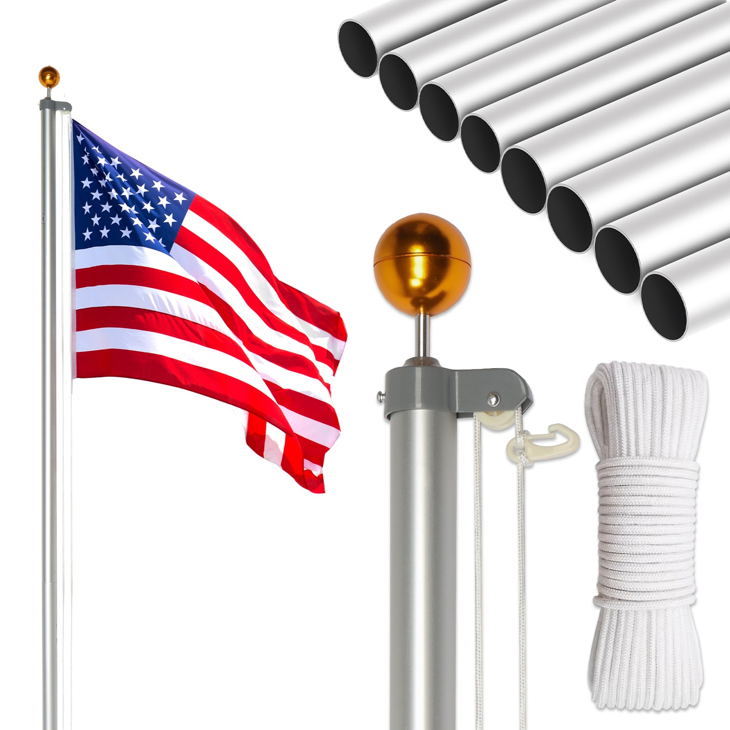 Flag Pole Kit for Outside House in Ground, 30FT Sectional Aluminum Extra Thick Flagpole, 5x3 US Flag, Heavy Duty Flag Poles Kit for Yard 0e7rxg-c0