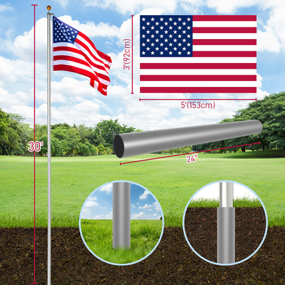 Flag Pole Kit for Outside House in Ground, 30FT Sectional Aluminum Extra Thick Flagpole, 5x3 US Flag, Heavy Duty Flag Poles Kit for Yard 0e7rxg-c0