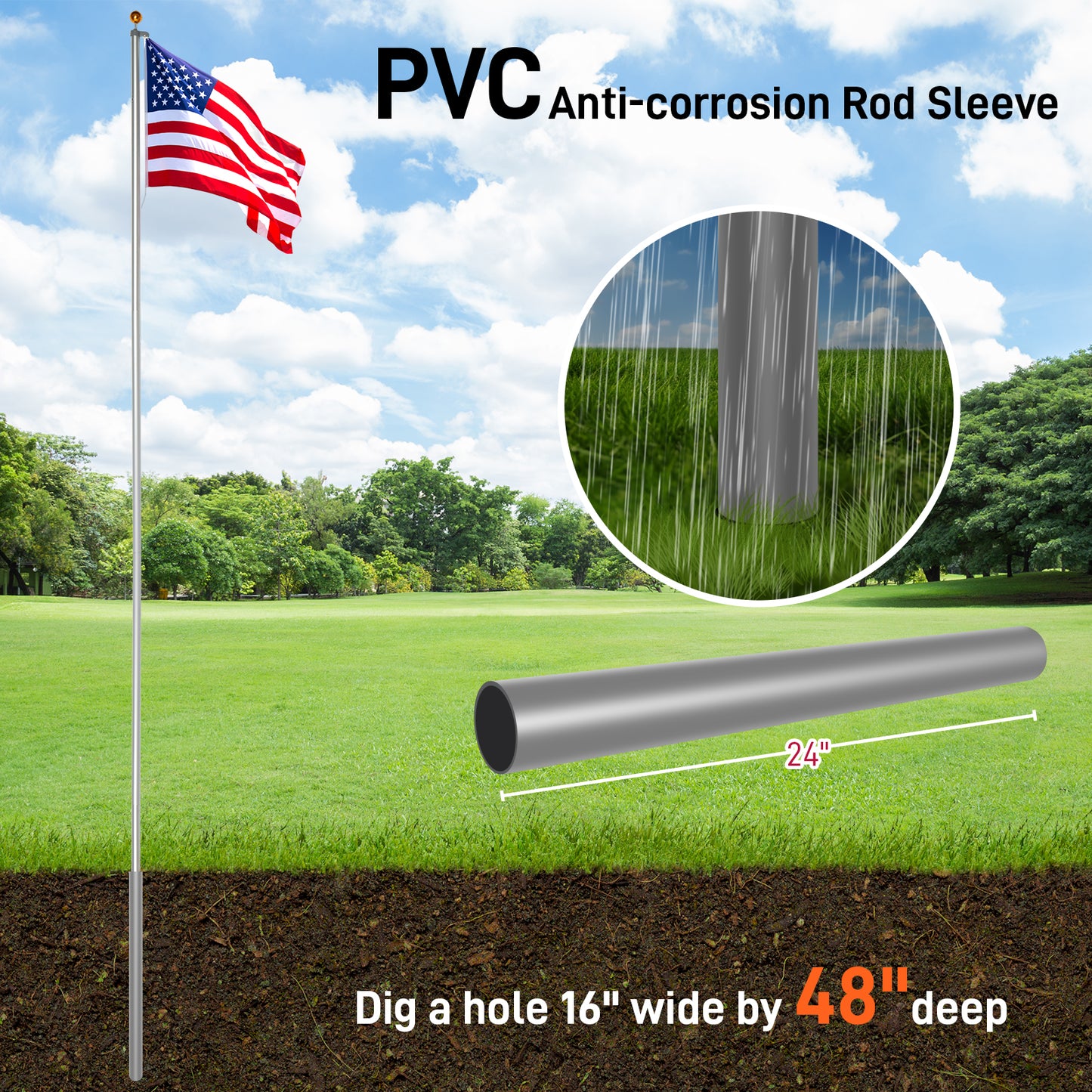 Flag Pole Kit for Outside House in Ground, 30FT Sectional Aluminum Extra Thick Flagpole, 5x3 US Flag, Heavy Duty Flag Poles Kit for Yard 0e7rxg-c0