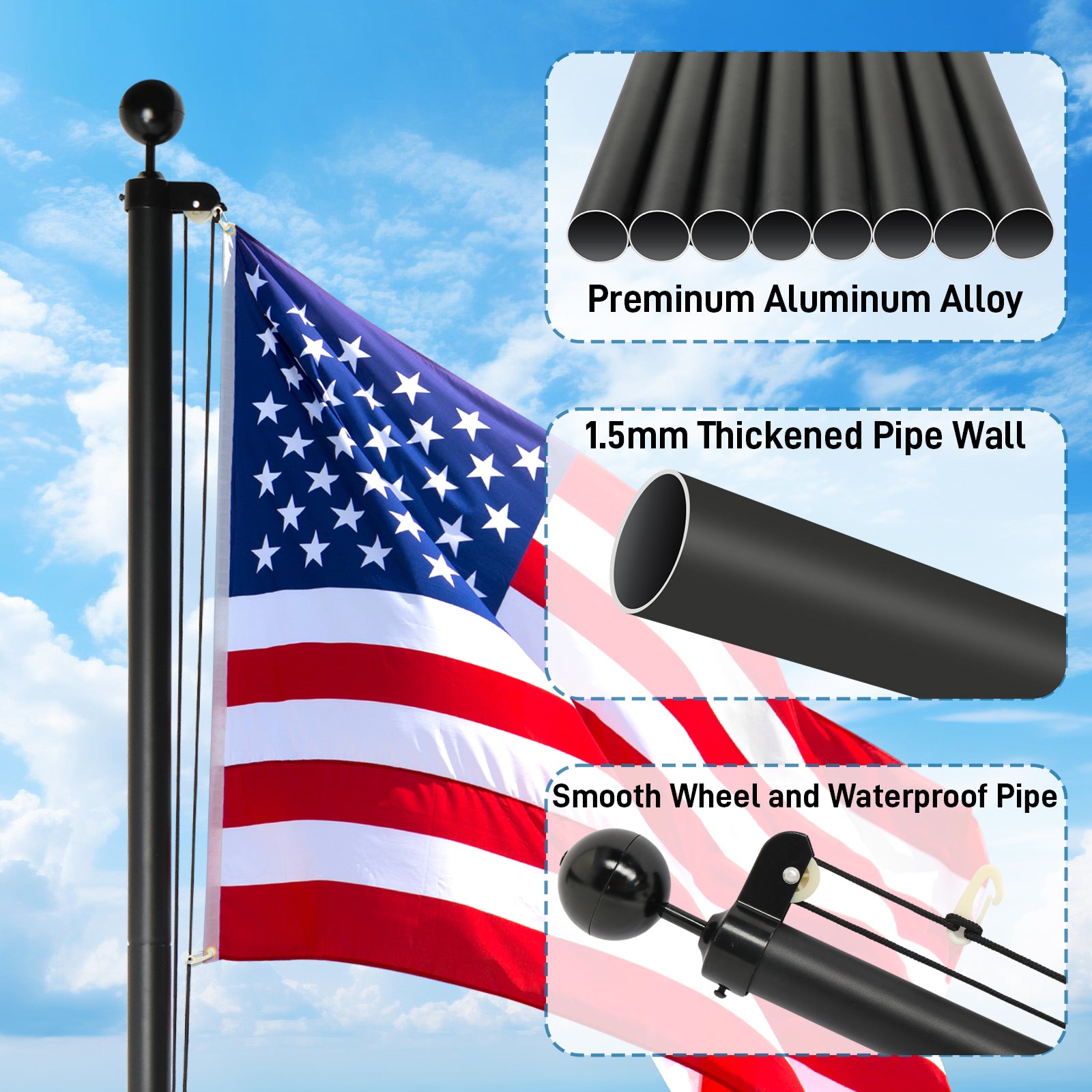 Flag Pole Kit for Outside House in Ground, 25FT Sectional Aluminum Extra Thick Flagpole, 5x3 US Flag, Heavy Duty Black Flag Poles Kit for Yard 0e7rxg-c0