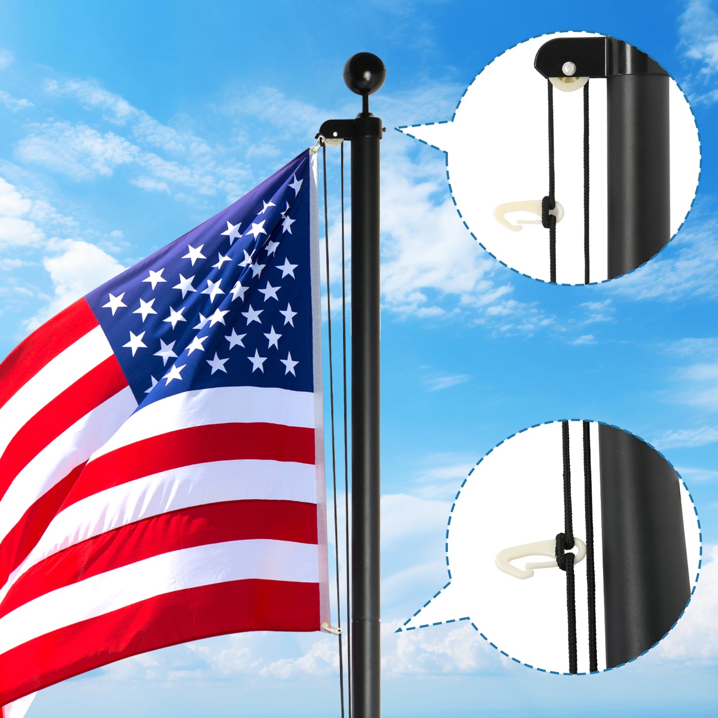 Flag Pole Kit for Outside House in Ground, 25FT Sectional Aluminum Extra Thick Flagpole, 5x3 US Flag, Heavy Duty Black Flag Poles Kit for Yard 0e7rxg-c0