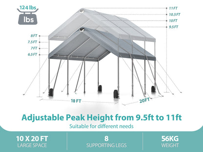 10 * 20 Heavy Duty Carport Canopy - Extra Large Portable Car Tent Garage with Adjustable Peak Height from 9.5ft to 11ft,Removable Roof &Side Walls for Car, SUV,Boats 0e7rxg-c0