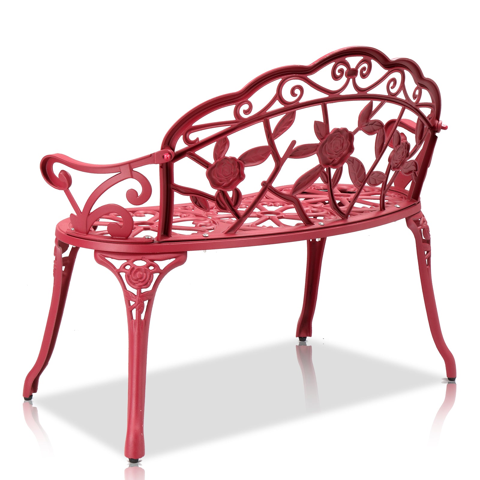 Outdoor Cast Aluminum Patio Bench, Porch Bench Chair with Curved Legs Rose Pattern, Red 0e7rxg-c0