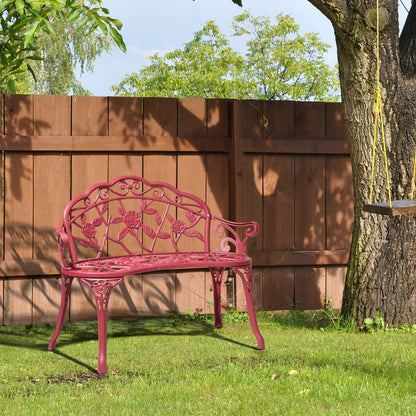 Outdoor Cast Aluminum Patio Bench, Porch Bench Chair with Curved Legs Rose Pattern, Red 0e7rxg-c0