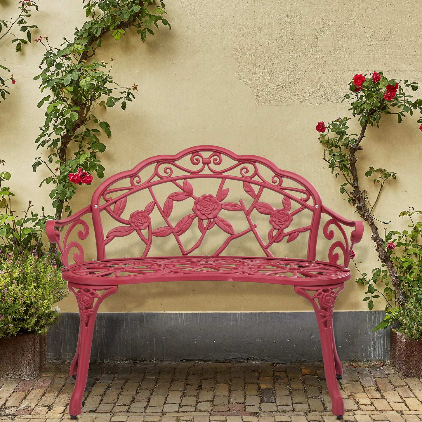 Outdoor Cast Aluminum Patio Bench, Porch Bench Chair with Curved Legs Rose Pattern, Red 0e7rxg-c0