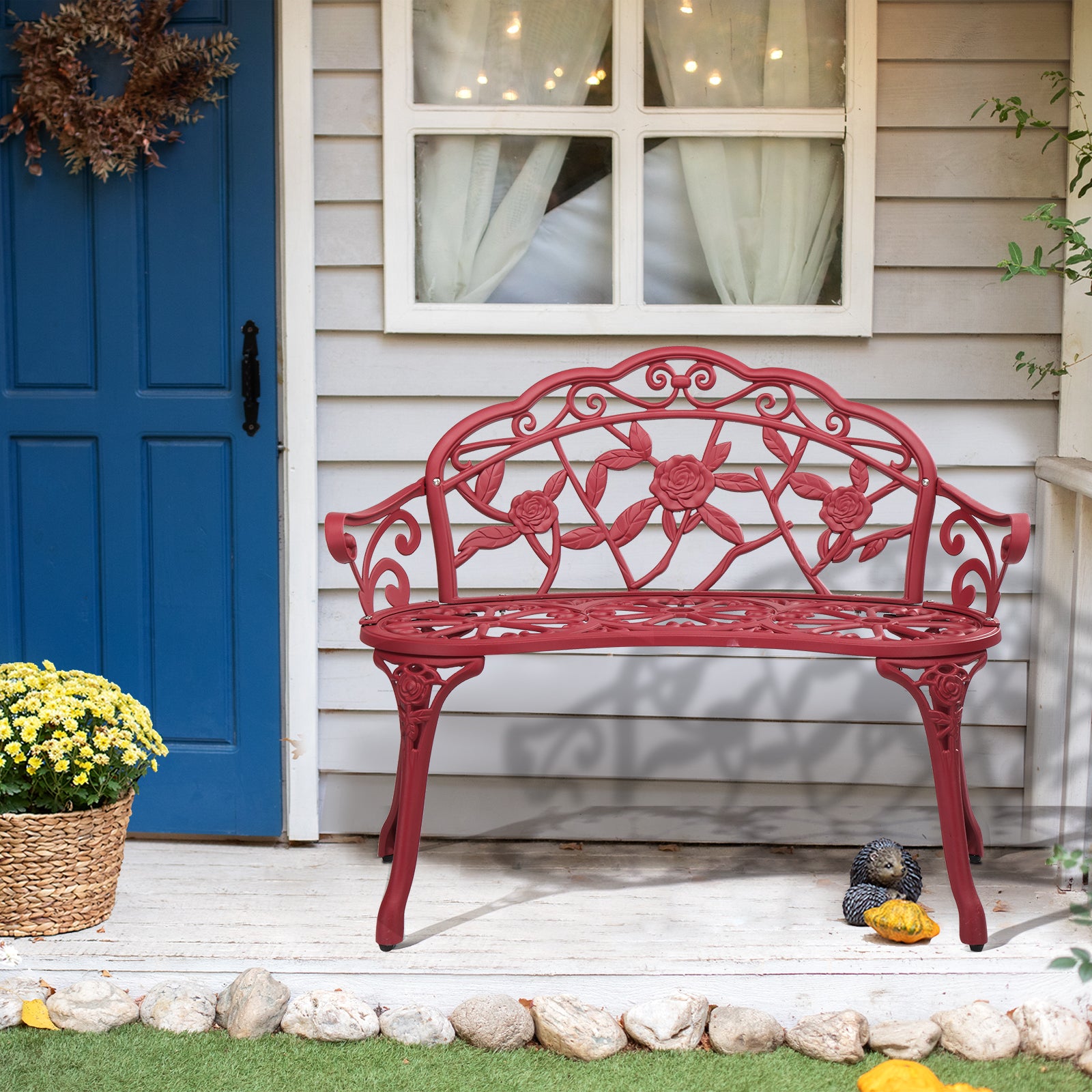 Outdoor Cast Aluminum Patio Bench, Porch Bench Chair with Curved Legs Rose Pattern, Red 0e7rxg-c0