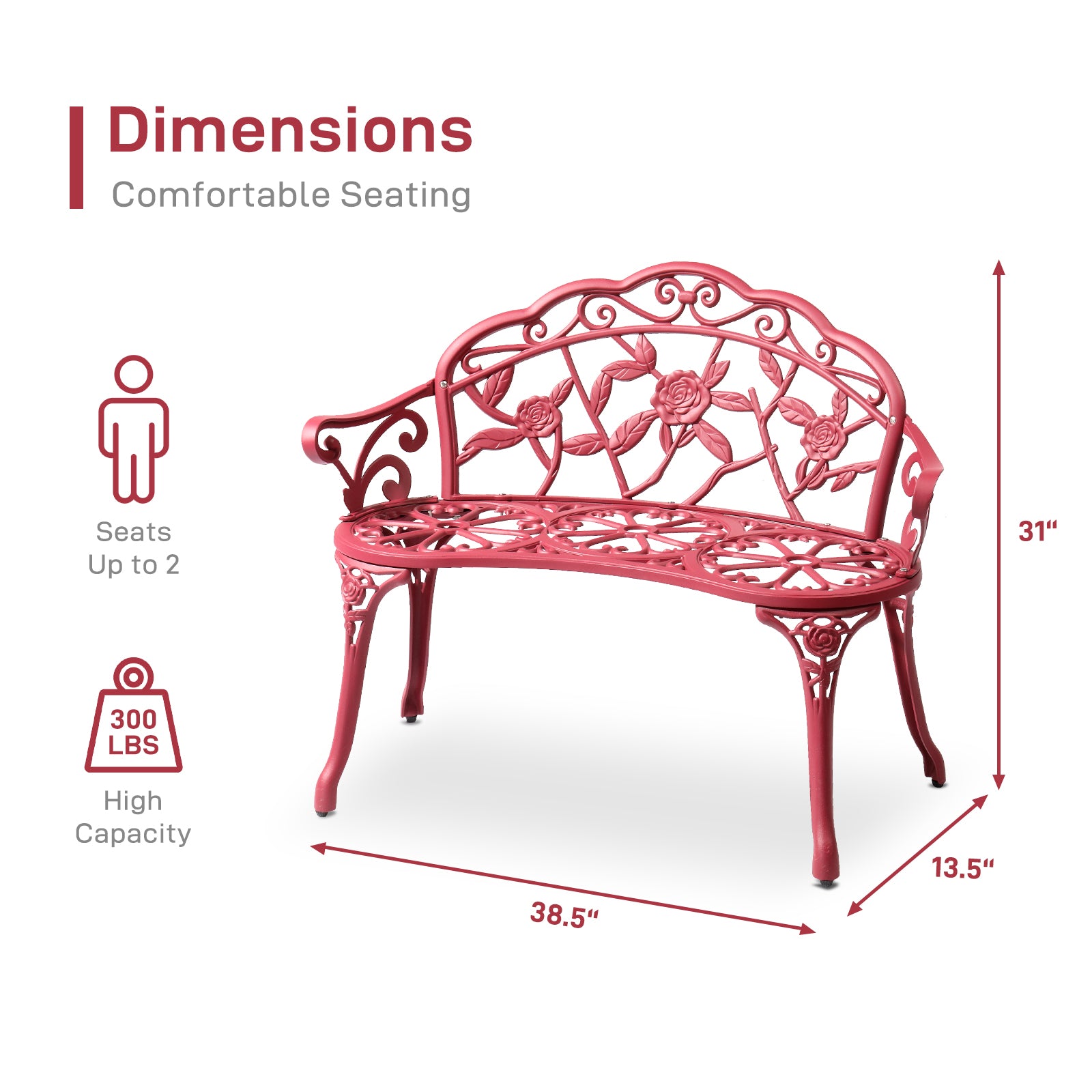 Outdoor Cast Aluminum Patio Bench, Porch Bench Chair with Curved Legs Rose Pattern, Red 0e7rxg-c0