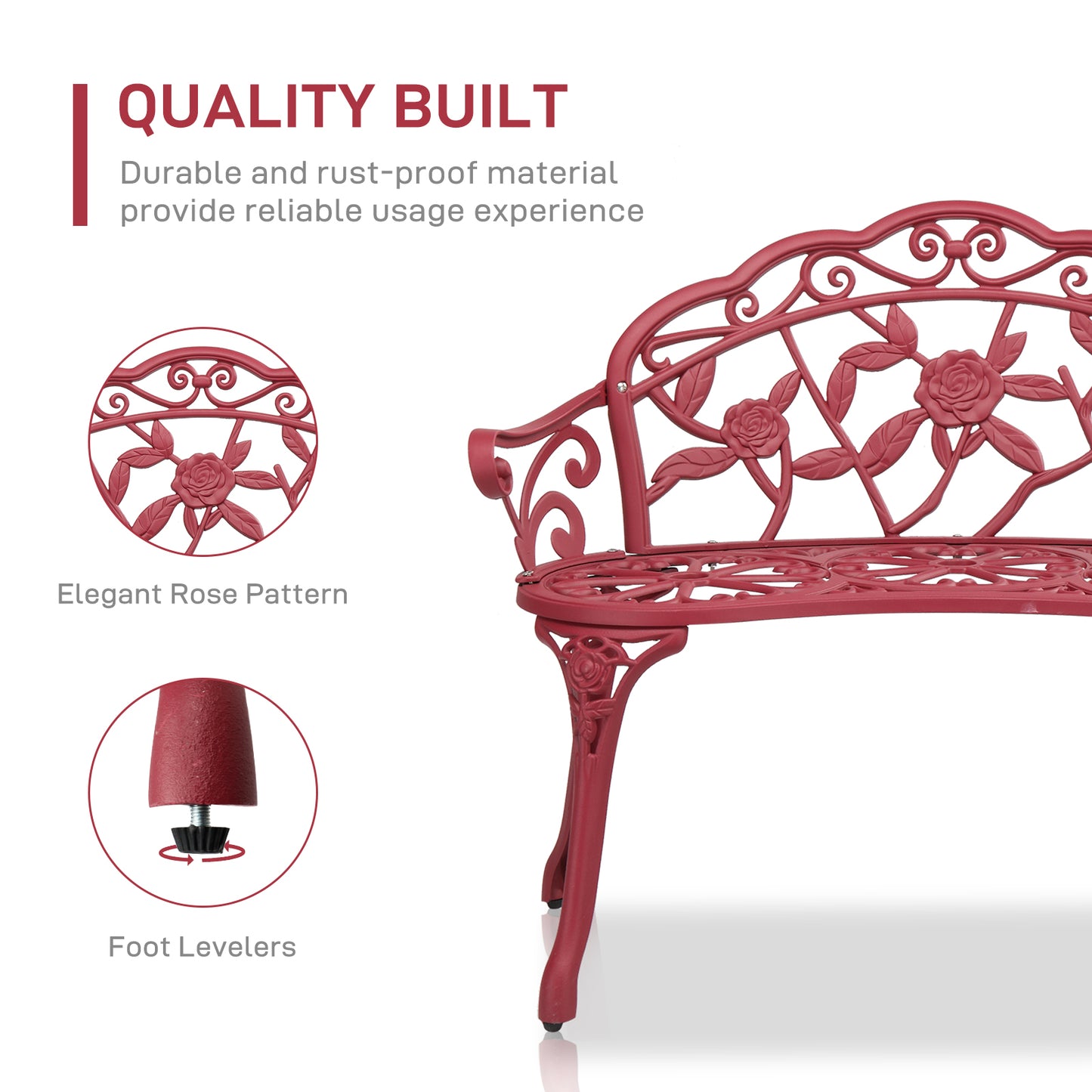 Outdoor Cast Aluminum Patio Bench, Porch Bench Chair with Curved Legs Rose Pattern, Red 0e7rxg-c0