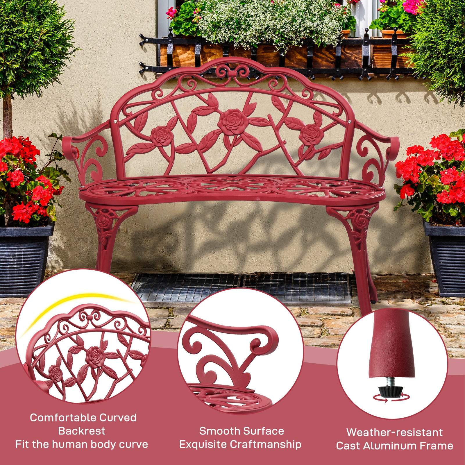 Outdoor Cast Aluminum Patio Bench, Porch Bench Chair with Curved Legs Rose Pattern, Red 0e7rxg-c0