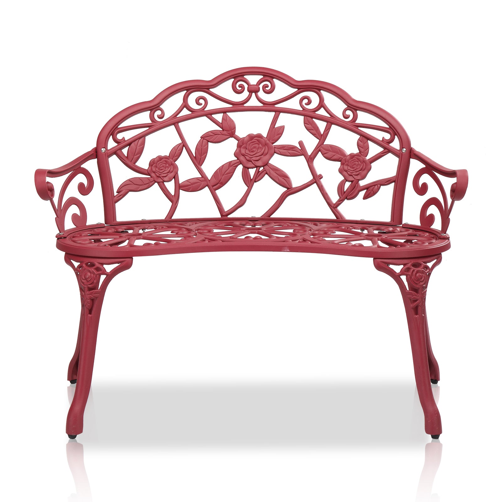 Outdoor Cast Aluminum Patio Bench, Porch Bench Chair with Curved Legs Rose Pattern, Red 0e7rxg-c0