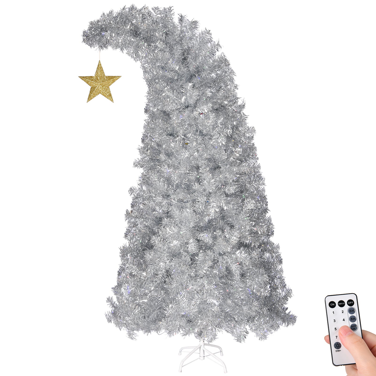 6 FT Bent Top Pre-lit Christmas Tree with Golden Star, Hinged Artificial Xmas Tree with 300 Lights, 900 Branch Tips and Remote Control for Holiday Party Store Office Home, Silver 0e7rxg-c0