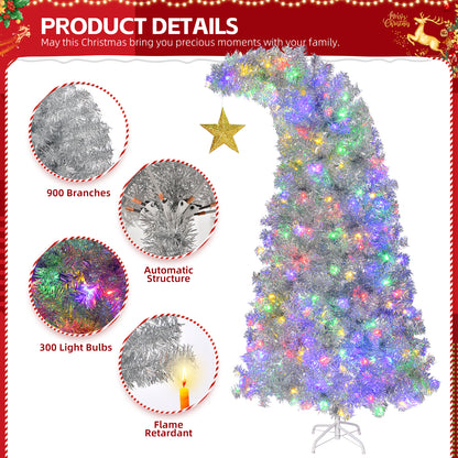 6 FT Bent Top Pre-lit Christmas Tree with Golden Star, Hinged Artificial Xmas Tree with 300 Lights, 900 Branch Tips and Remote Control for Holiday Party Store Office Home, Silver 0e7rxg-c0