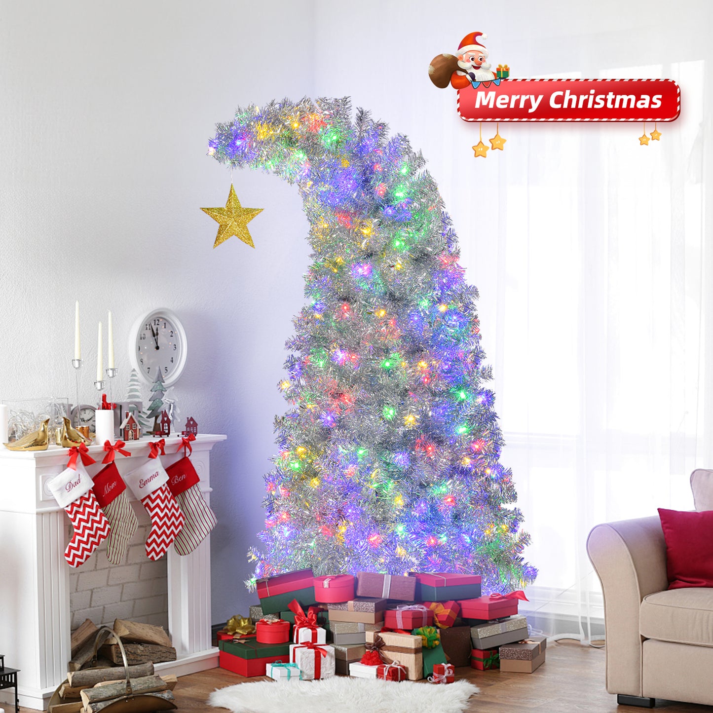 6 FT Bent Top Pre-lit Christmas Tree with Golden Star, Hinged Artificial Xmas Tree with 300 Lights, 900 Branch Tips and Remote Control for Holiday Party Store Office Home, Silver 0e7rxg-c0