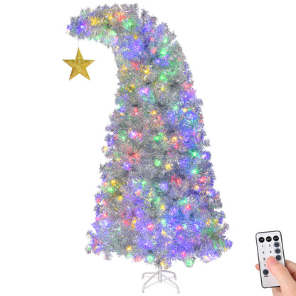 6 FT Bent Top Pre-lit Christmas Tree with Golden Star, Hinged Artificial Xmas Tree with 300 Lights, 900 Branch Tips and Remote Control for Holiday Party Store Office Home, Silver 0e7rxg-c0