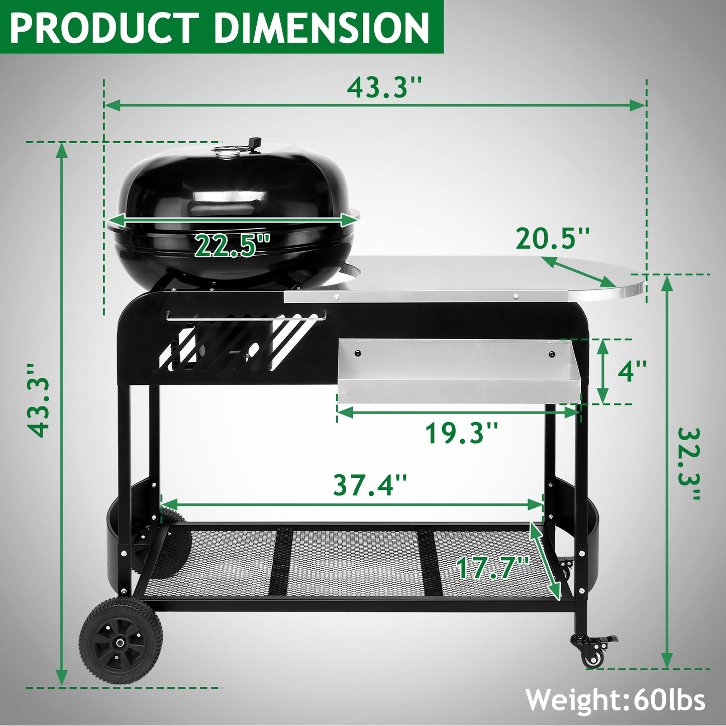 110*45*110cm Portable Charcoal Grill with Wheels and Sidetable, Large BBQ Smoker with Adjustable Vents on Lid for Outdoor Party Camping Picnic 0e7rxg-c0