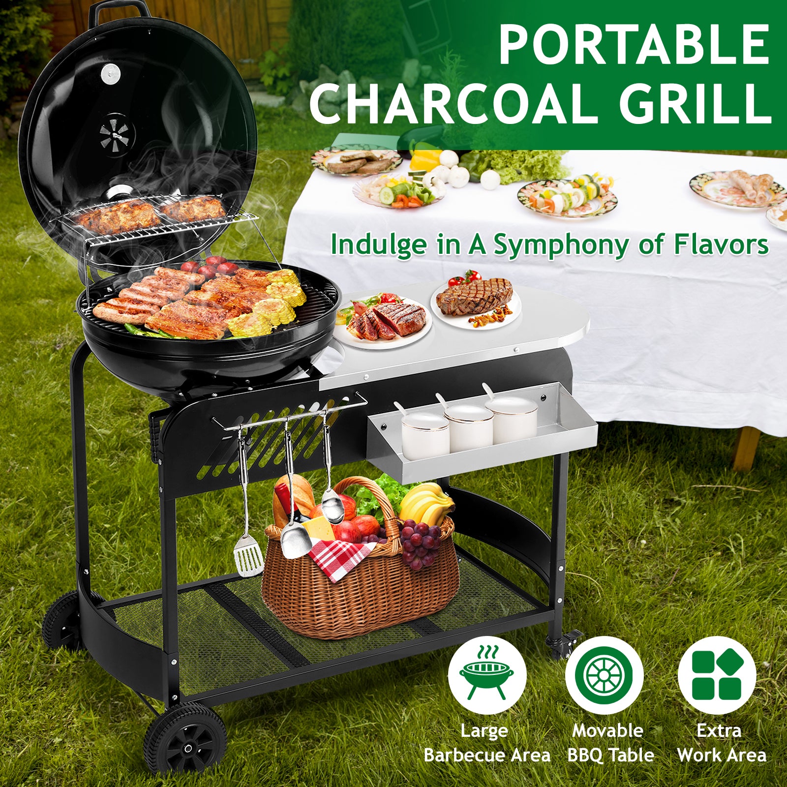 110*45*110cm Portable Charcoal Grill with Wheels and Sidetable, Large BBQ Smoker with Adjustable Vents on Lid for Outdoor Party Camping Picnic 0e7rxg-c0