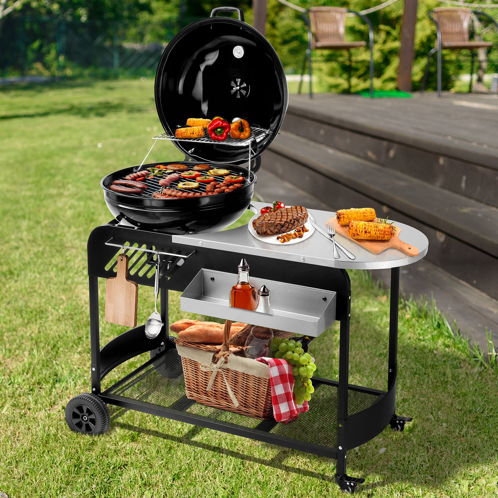 110*45*110cm Portable Charcoal Grill with Wheels and Sidetable, Large BBQ Smoker with Adjustable Vents on Lid for Outdoor Party Camping Picnic 0e7rxg-c0