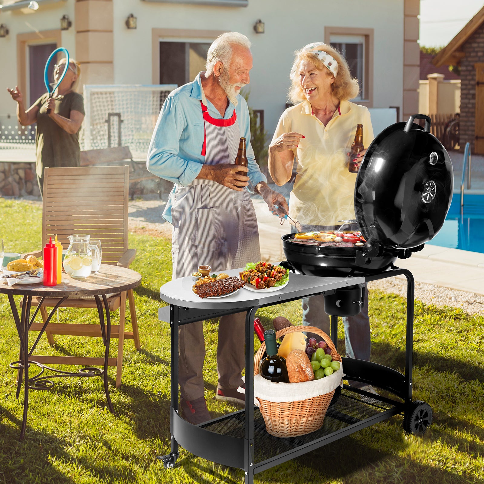 110*45*110cm Portable Charcoal Grill with Wheels and Sidetable, Large BBQ Smoker with Adjustable Vents on Lid for Outdoor Party Camping Picnic 0e7rxg-c0