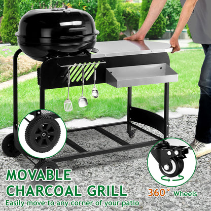 110*45*110cm Portable Charcoal Grill with Wheels and Sidetable, Large BBQ Smoker with Adjustable Vents on Lid for Outdoor Party Camping Picnic 0e7rxg-c0