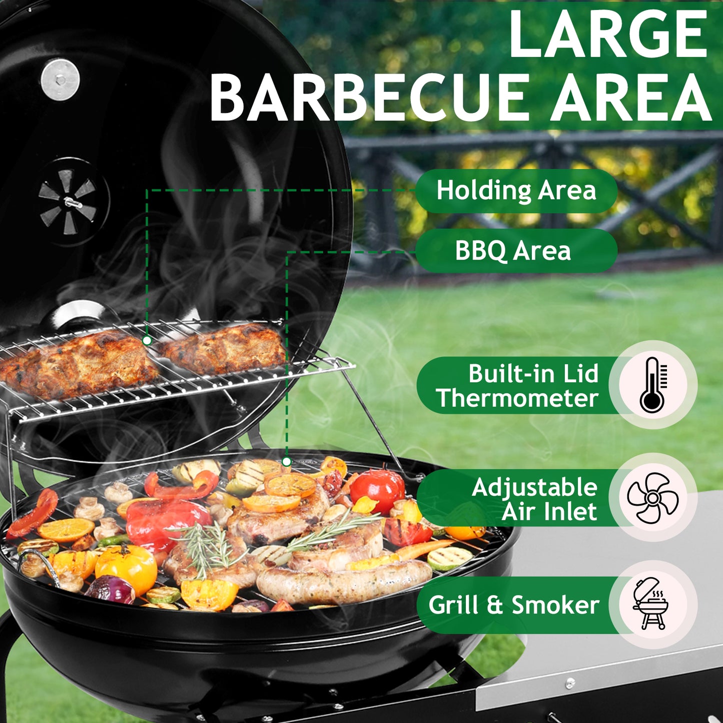 110*45*110cm Portable Charcoal Grill with Wheels and Sidetable, Large BBQ Smoker with Adjustable Vents on Lid for Outdoor Party Camping Picnic 0e7rxg-c0