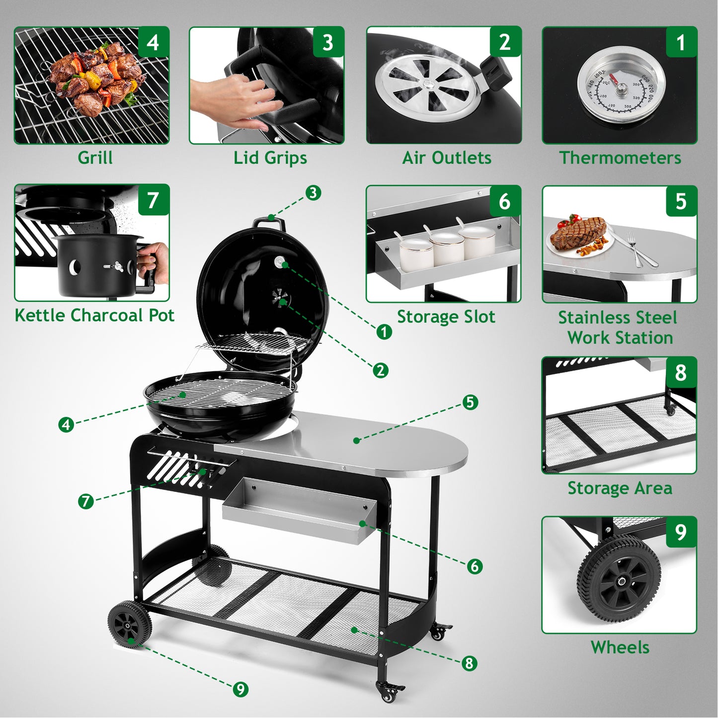 110*45*110cm Portable Charcoal Grill with Wheels and Sidetable, Large BBQ Smoker with Adjustable Vents on Lid for Outdoor Party Camping Picnic 0e7rxg-c0