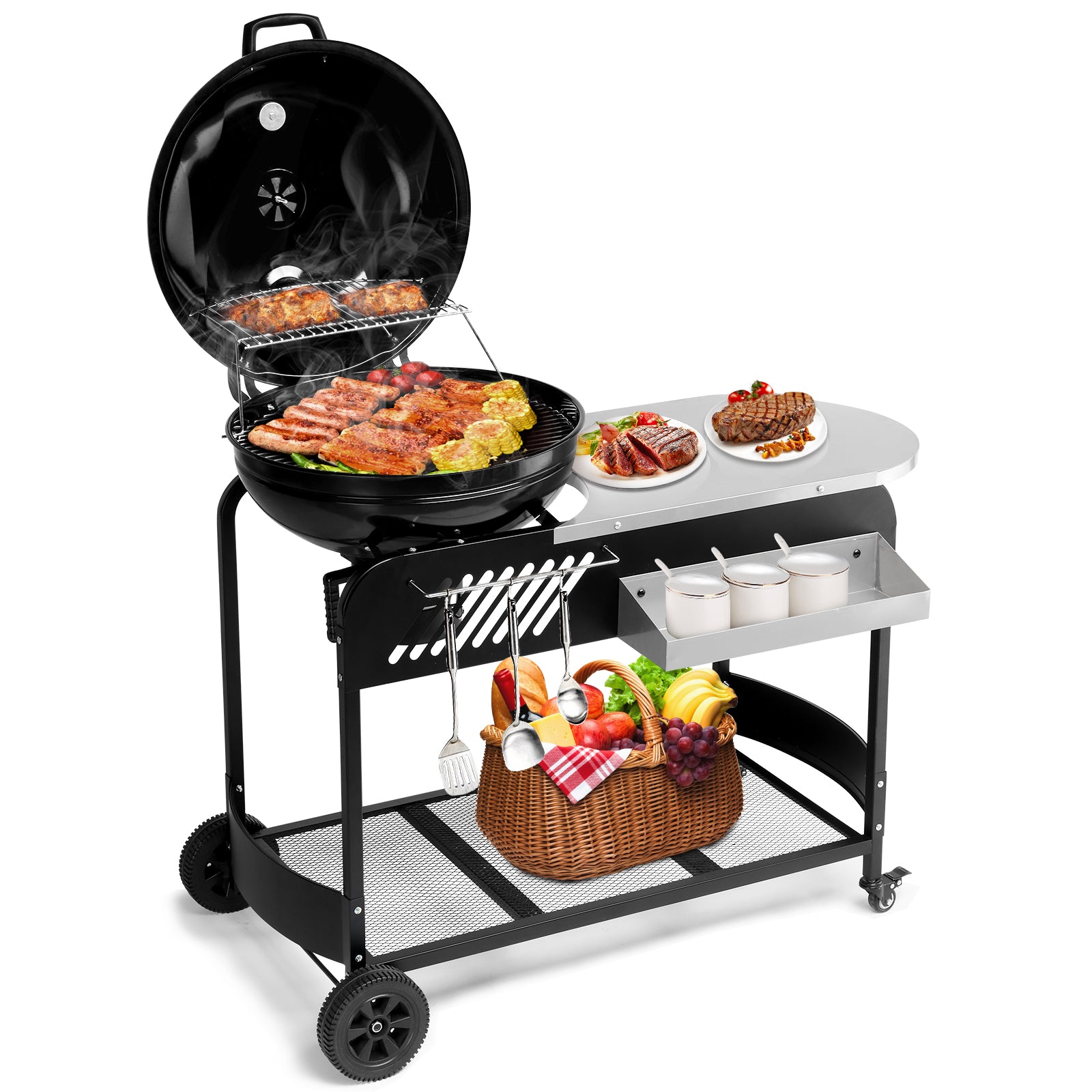 110*45*110cm Portable Charcoal Grill with Wheels and Sidetable, Large BBQ Smoker with Adjustable Vents on Lid for Outdoor Party Camping Picnic 0e7rxg-c0