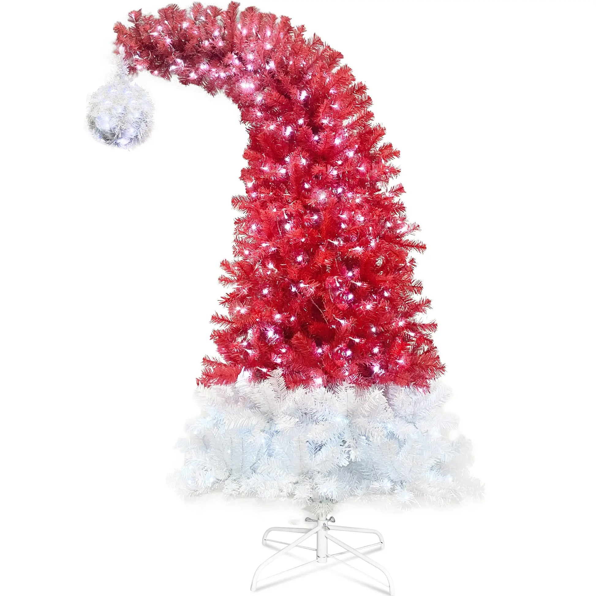 6FT Hinged Fir Artificial Fir Bent Top Christmas Tree, Xmas Tree Bendable Santa Hat Style Christmas Tree Holiday Decoration,1250 Lush Branch Tips, 300 LED Lights X-mas 0e7rxg-c0