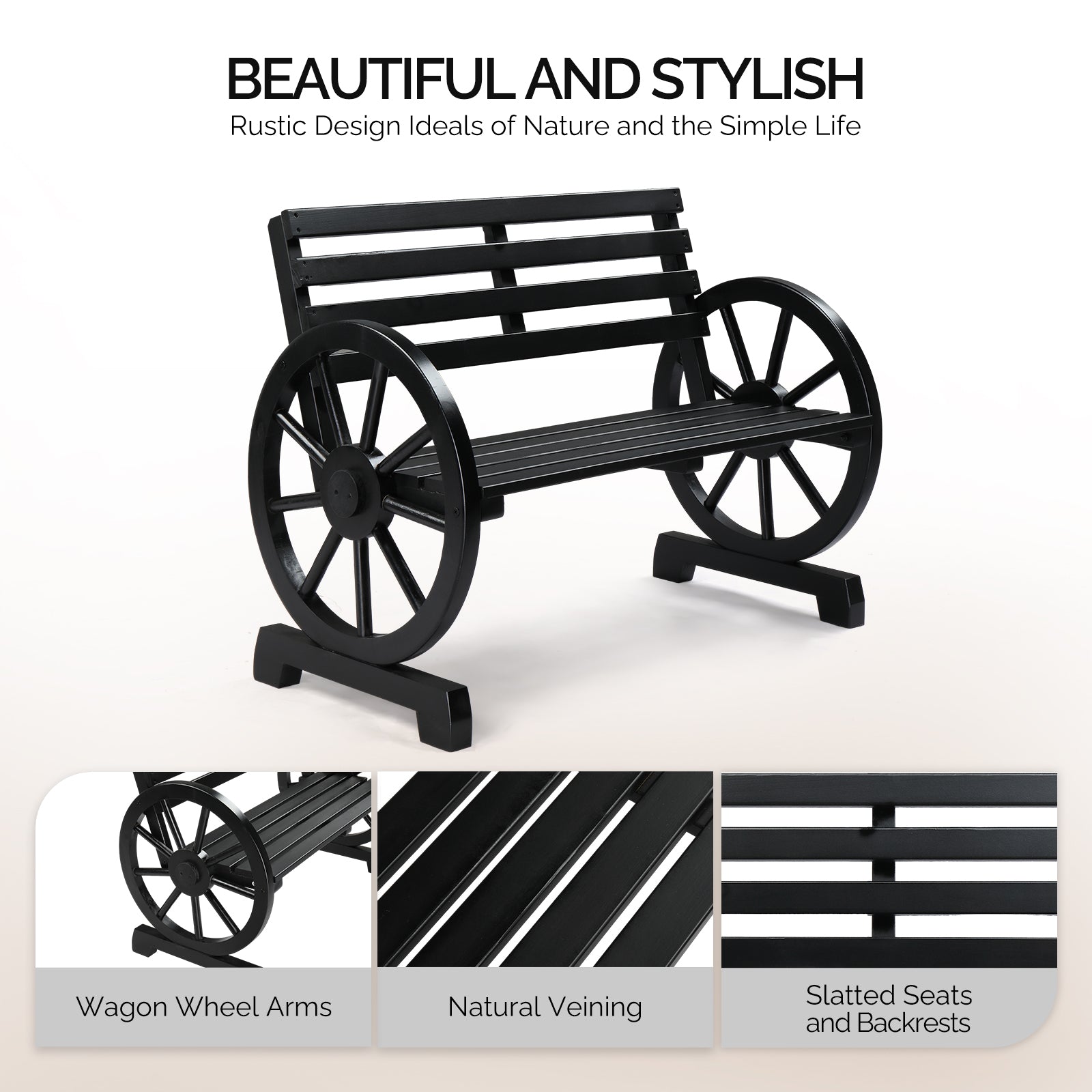 Rustic 2-Person Wooden Wagon Wheel Bench with Slatted Seat and Backrest, Black 0e7rxg-c0