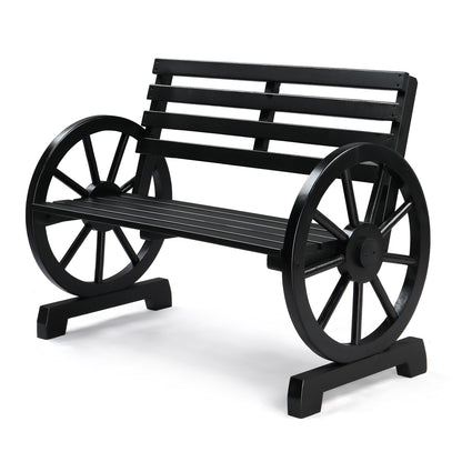 Rustic 2-Person Wooden Wagon Wheel Bench with Slatted Seat and Backrest, Black 0e7rxg-c0