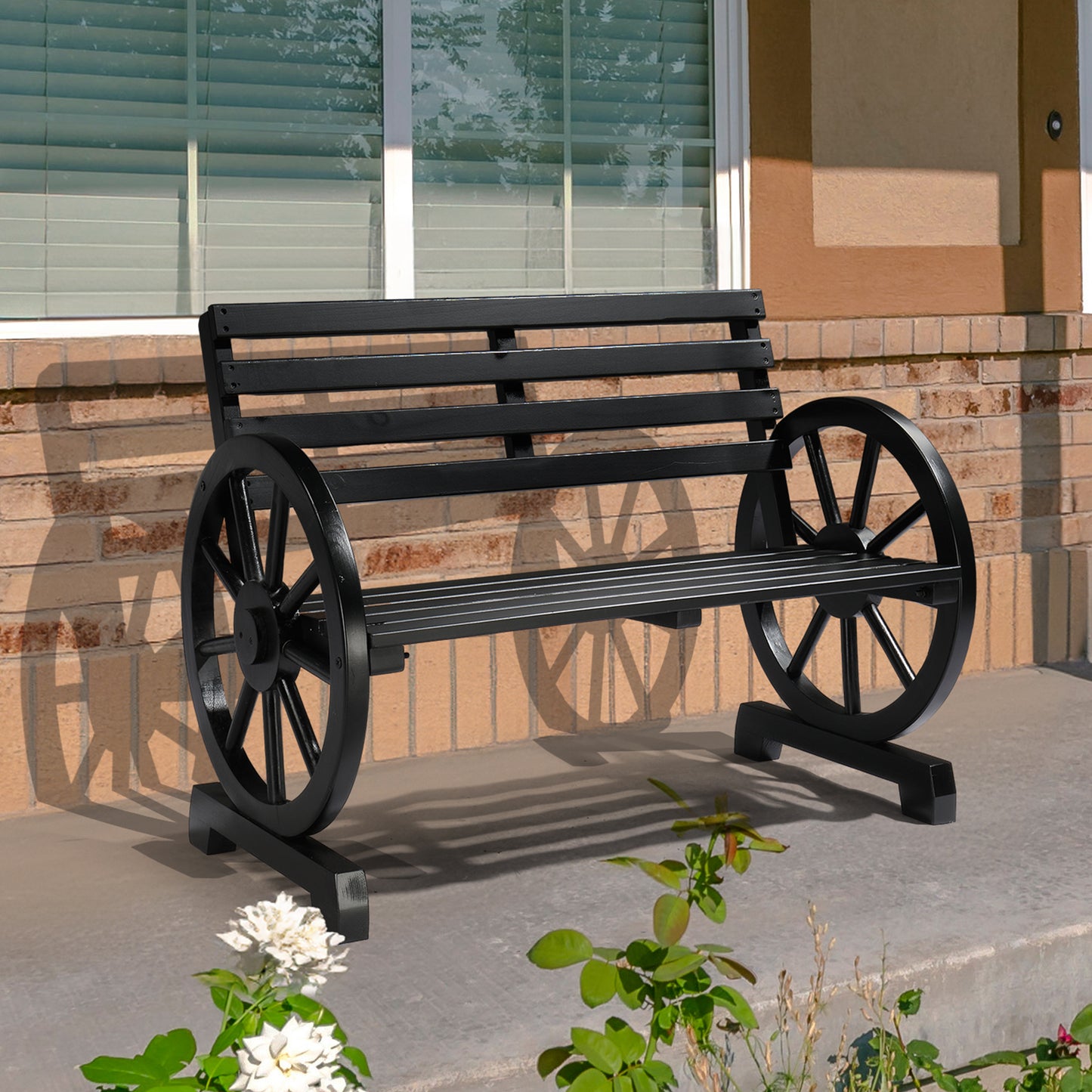 Rustic 2-Person Wooden Wagon Wheel Bench with Slatted Seat and Backrest, Black 0e7rxg-c0