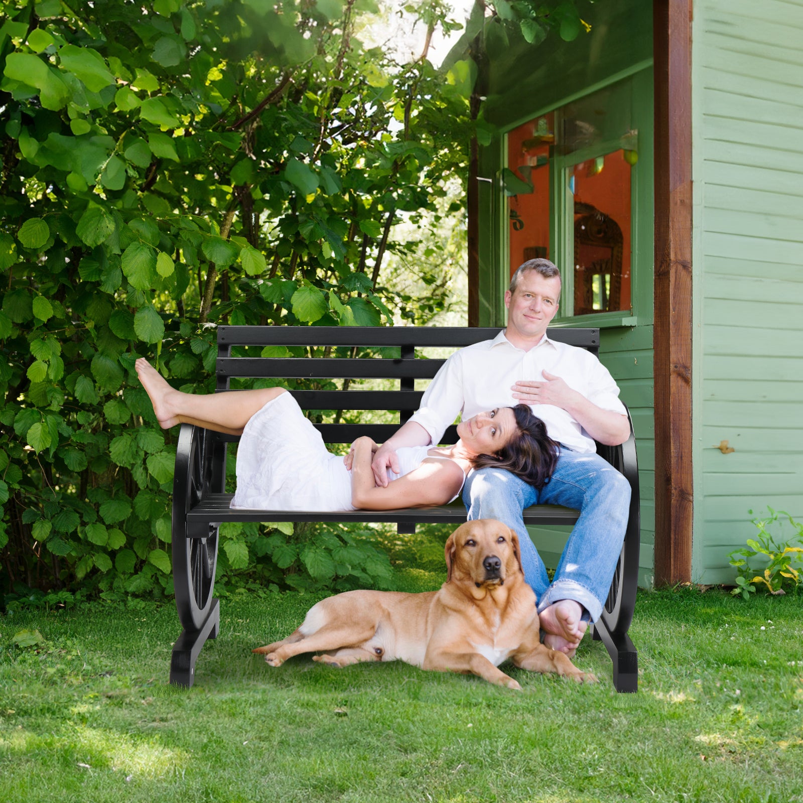 Rustic 2-Person Wooden Wagon Wheel Bench with Slatted Seat and Backrest, Black 0e7rxg-c0