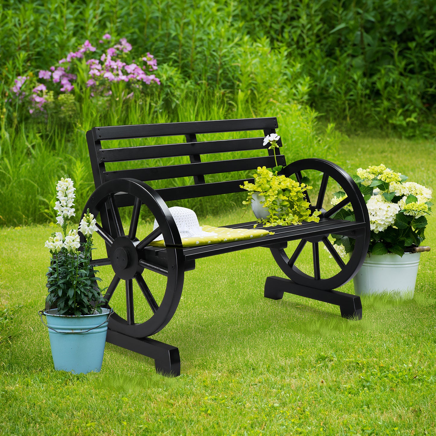 Rustic 2-Person Wooden Wagon Wheel Bench with Slatted Seat and Backrest, Black 0e7rxg-c0