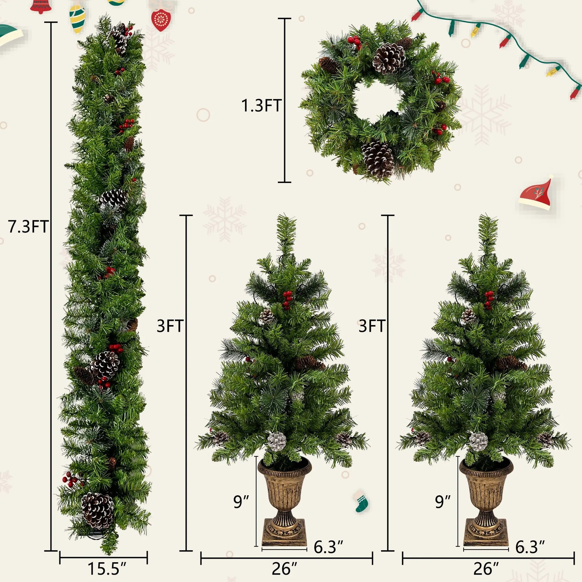 Pre-lit Xmas Tree Artificial Christmas 4-Piece Set,Garland, Wreath and Set of 2 3FT Entrance Trees X-mas with LED Lights, Christmas Tree 0e7rxg-c0