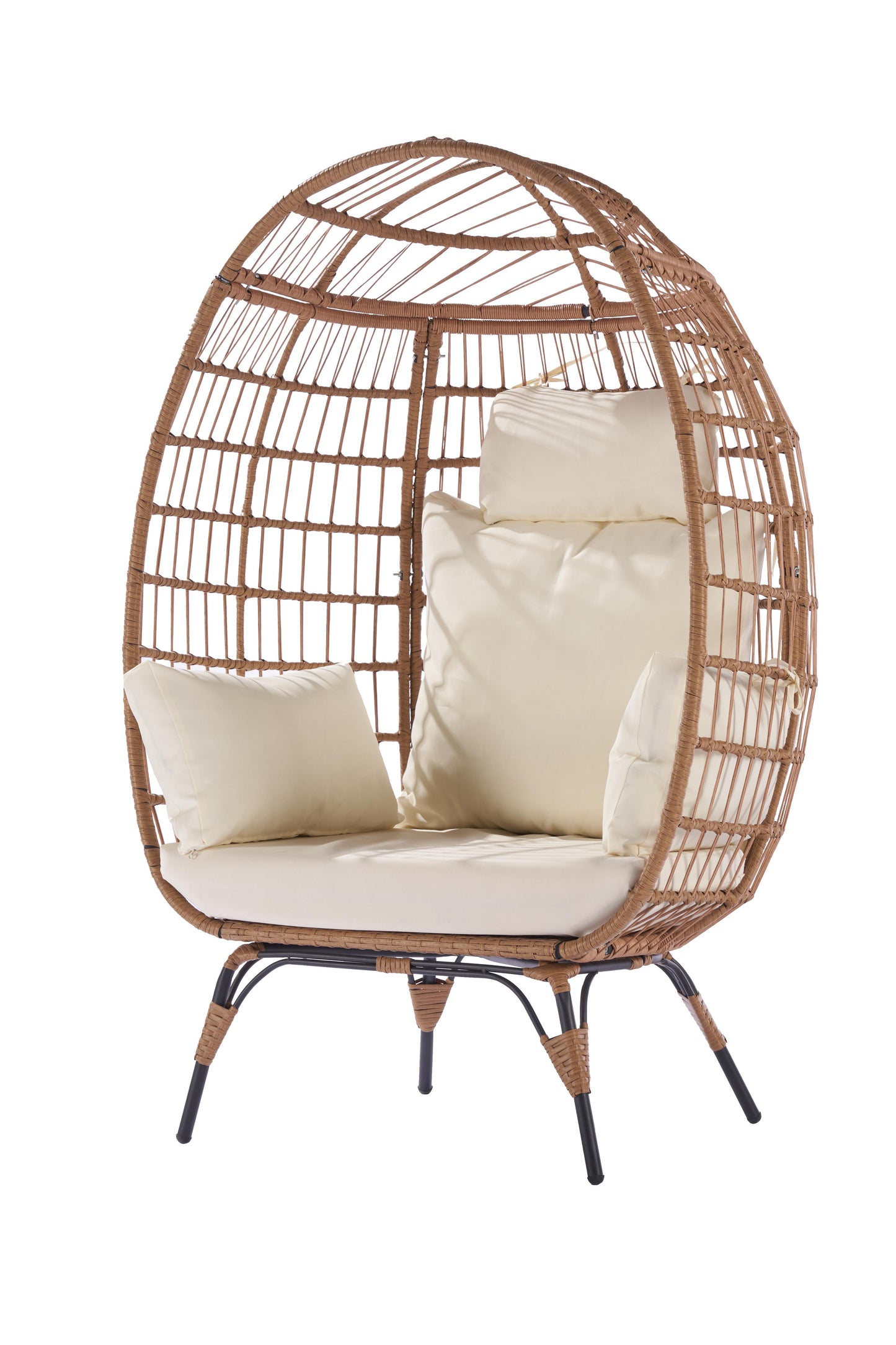 Wicker Egg Chair, Oversized Indoor Outdoor Lounger for Patio, Backyard, Living Room w/ 5 Cushions, Steel Frame, - Beige 0e7rxg-c0