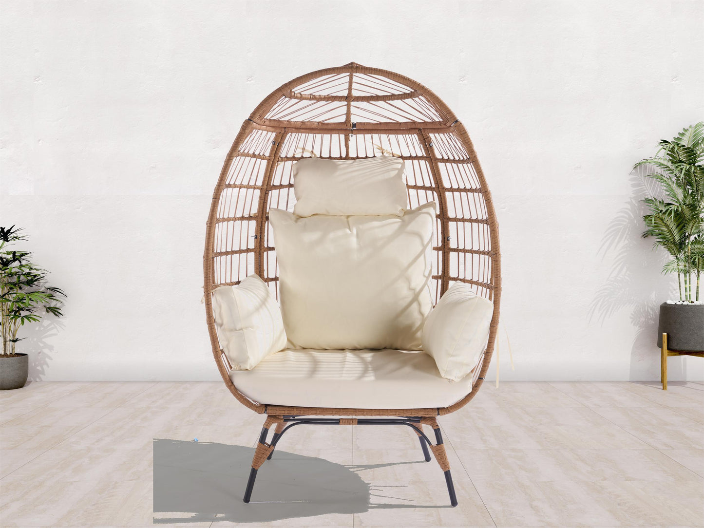 Wicker Egg Chair, Oversized Indoor Outdoor Lounger for Patio, Backyard, Living Room w/ 5 Cushions, Steel Frame, - Beige 0e7rxg-c0