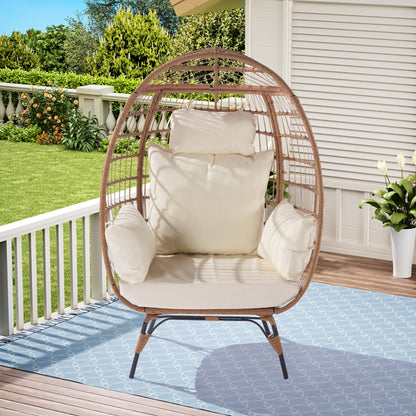 Wicker Egg Chair, Oversized Indoor Outdoor Lounger for Patio, Backyard, Living Room w/ 5 Cushions, Steel Frame, - Beige 0e7rxg-c0