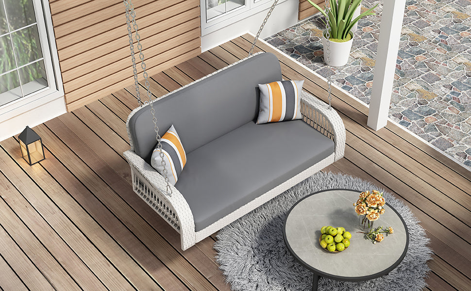 PE Wicker Porch Swing, 2-Seater Hanging Bench With Chains, Patio Furniture Swing For Backyard Garden Poolside, White And Gray 0e7rxg-c0