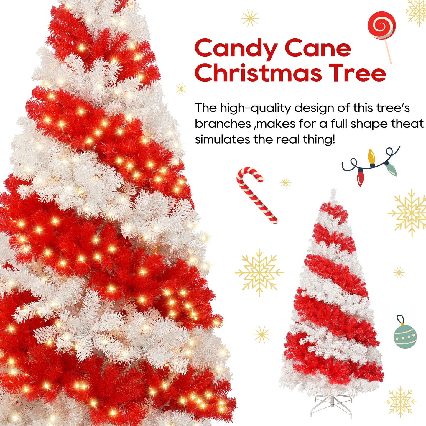 6ft Artificial Christmas Tree with 300 LED Lights and 900 Bendable Branches, Candy Cane Christmas Tree Holiday Decoration, Creative Decorated Trees, Xmas Tree Christmas Decorations 0e7rxg-c0