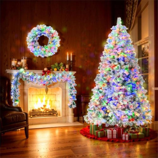 6FT Snow Flocked Christmas Tree, Pre-Lit Set with Tree & Garland & Wreath, Artificial Hinged Xmas Tree with Colorful LED Lights, 8 Lighting Modes, Pine Cones, Holiday Décor for Home 0e7rxg-c0