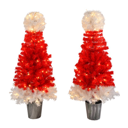 Lighted Santa Hat Style Christmas Tree Set of 2, 4ft Artificial Tree with Warm White Lights, Christmas Tree for Decoration Inside and Outside 0e7rxg-c0