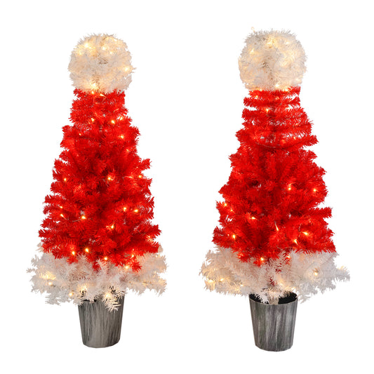 Lighted Santa Hat Style Christmas Tree Set of 2, 4ft Artificial Tree with Warm White Lights, Christmas Tree for Decoration Inside and Outside 0e7rxg-c0