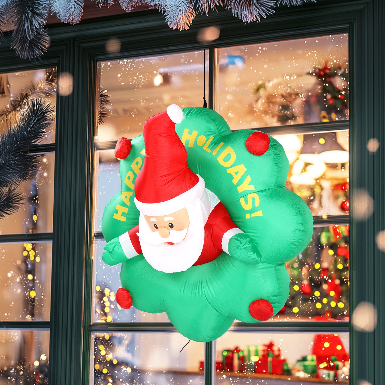 4 FT Lighted Christmas Inflatable Santa with Wreath Broke Out from Window, Large Blow Up Hanging Inflatable Decoration with Built-in LED Lights for Window Decor Holiday Party Front Yard Lawn Garden 0e7rxg-c0